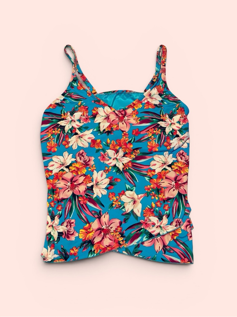 Lands End Floral Tankini Tulip Hem Blue Tropical Swim Top L 14-16